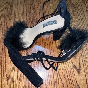 Black 4.5inch furry open toe heels